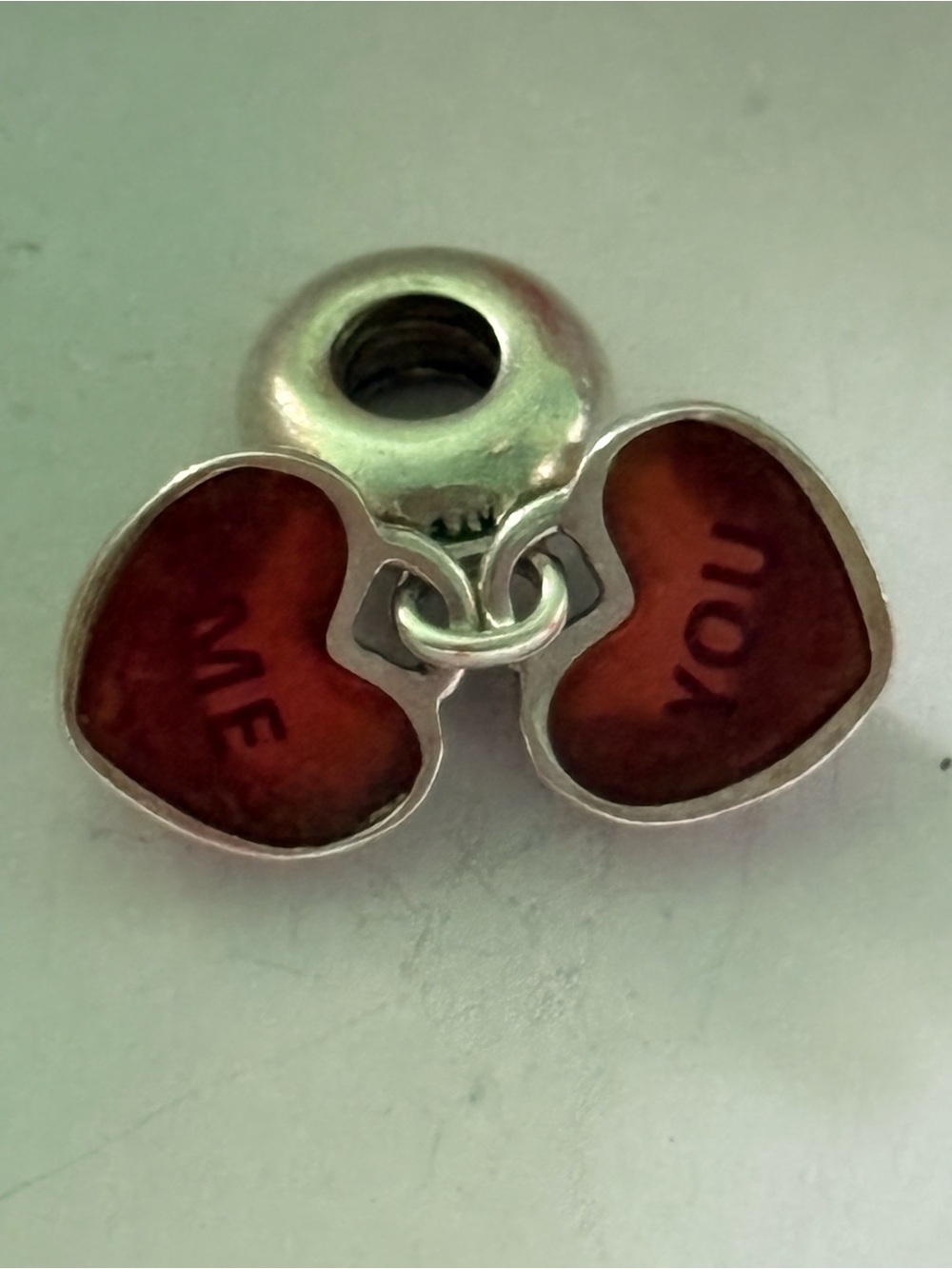 Pandora Silver Double Heart Charm with Red Enamel 'ME' 'YOU'